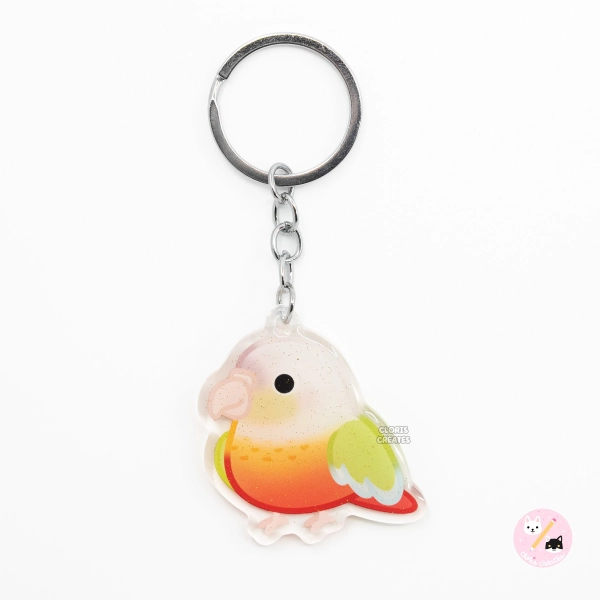 Pineapple Green Cheeked Conure Acrylic Bird Keychain | Cartoon Kawaii Art Style Glitter Charm | Cute Chibi Exotic Pet Animal Lover Gift