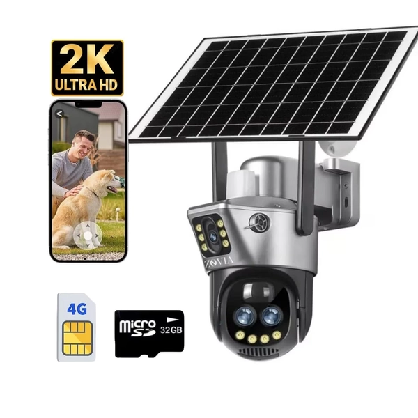 Camera supraveghere cu panou solar ZOVIA, 2k dual-lens, 4G, detectare umana rezistenta la apa ZOOMx10 3 lentile dual-screen