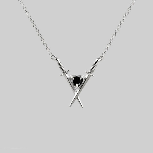 ABJURE. Crossed Swords & Onyx Heart Necklace - Silver | Silver