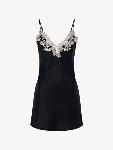 Slipdress in raso di seta nero con ricamo a frastaglio