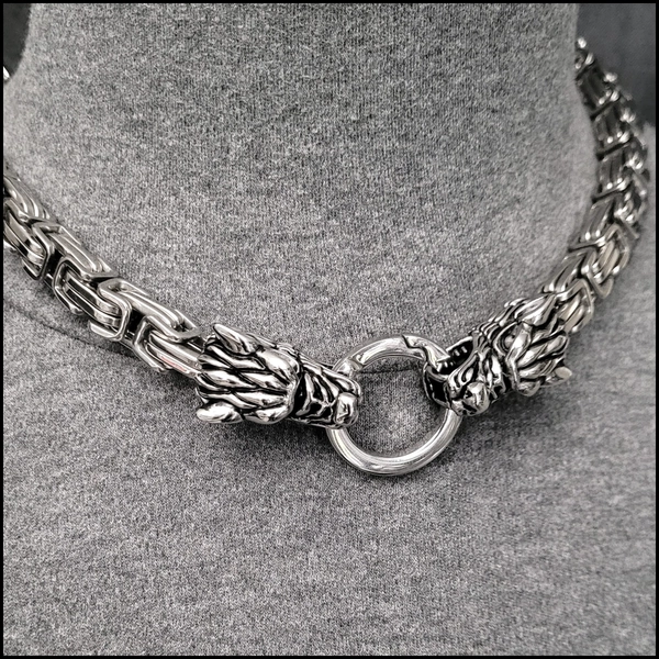 Huge Fenrir Hellhound Wolf Heads On 11mm Thick Byzantine Link Design Necklace w/Spring Ring Connector With Lobster Clasp Option - Gift Boxed