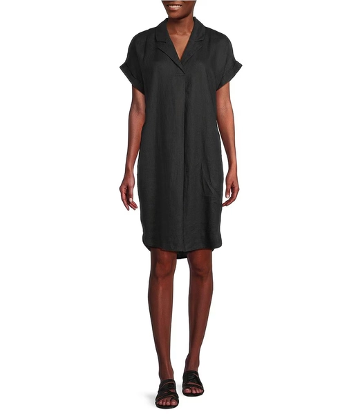 Eileen Fisher Petite Size Organic Linen Notch Collar V-Neck Cap Sleeve Shirt Dress