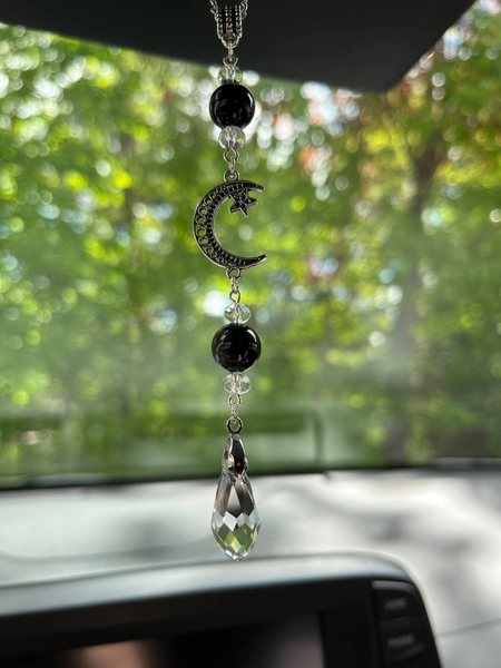 Moon and Star Obsidian Stone Bead, Witchy, Celestial Sun Catcher Rearview Mirror Car Charm, Car Decor, BOHO, Car Accessory, New Car Gift