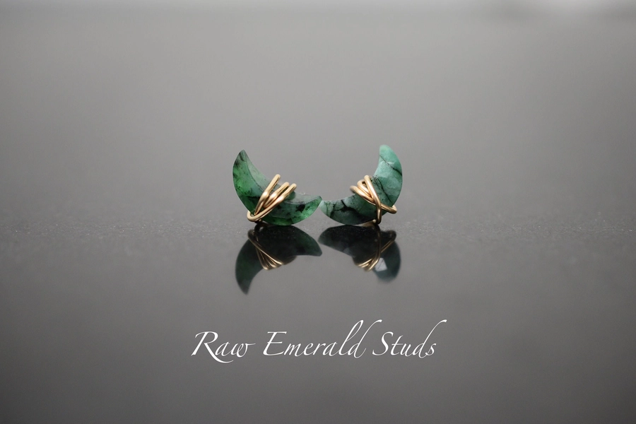 Raw Emerald Stud Earrings, Crescent Moon shape, 14K Gold, Filled, Sterling Silver, Minimalist, May Birthstone, Green, Celestial, half moon