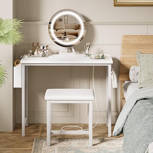 KAI-ROAD Makeup Vanity Desk with Mirror and Lights - Small White Vanity Table with Chair, Power Outlet, Modern Make Up Vanitys Desks Set, Dressing Table for Girls Bedroom - 1.white - 31.5"