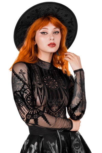 Black gothic INVERTED CATHEDRAL MESH BODYSUIT