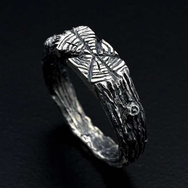 Rustic Tree bark Grain Silver Men ring