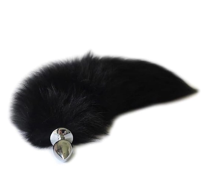Multi-Function Real Fox Tail Fur Anal Plug Sexy Adult Toy Fashion Butt Stainless Steel Cosplay (Black, Medium)