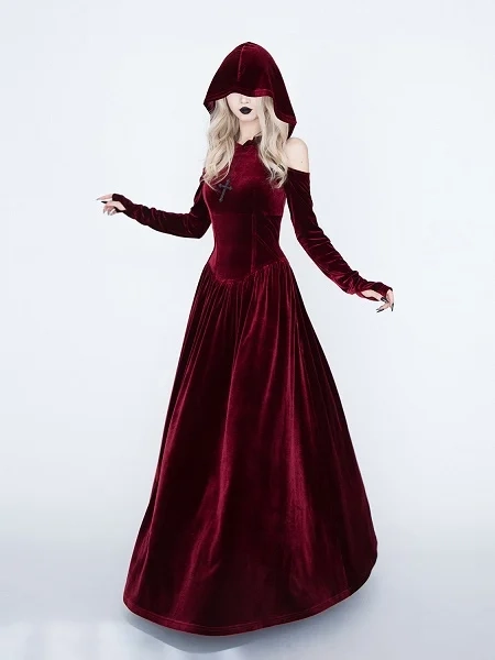 Medieval Witch Red Velvet Cutout Shoulder Gothic Vampire Hooded Dress