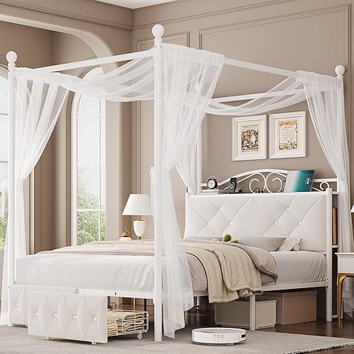 Queen Upholstered Canopy Bed Frame with 2 Drawers & Crystal Tufted Storage Headboard Metal Platform Bed with Charging Station & 4 Removable Posts No Box Spring Needed Curtain Not Included, Beige - Beige - Queen