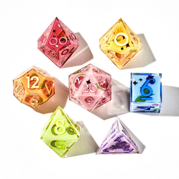 Dispel Dice "Fruit Pop" 7-Piece Sharp Edge Dice Set for DnD, RPGs & Board Games