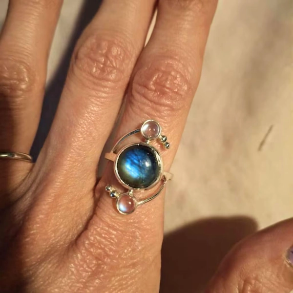 Natural Moonstone and Labradorite ring , Blue flashy two gemstone ring , Sterling silver labradorite ring , Bridesmaid gift , Gift for her