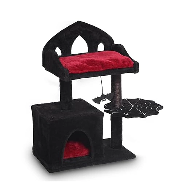 Gothic Cat Tree - 28in Cute Cat Tree with Regal Throne Bed, Spacious Cat condo, Spooky Hanging Bat and Durable Sisal Scratching Post - Goth Cat Tree for Majestic Rest