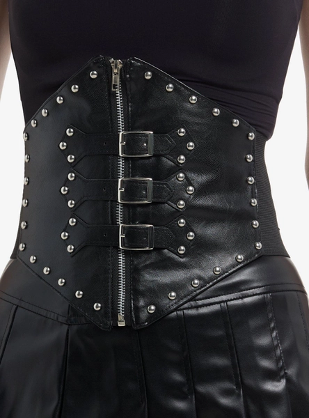 Triple Buckle Stud Faux Leather Corset