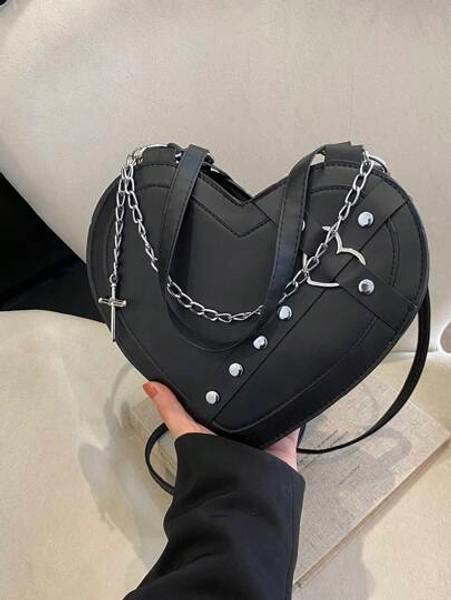 Punk Style Rivet-Embellished Fashionable Heart-Shaped Shoulder Bag, Cross-Body Bag Novelty BagsGothic Style Y2K StyleSweet Cool Bag, Perfect For Music Festival, Rock Style Bag For Women, Perfect Valentines Day Gift For Her, Best Valentines' Gift Choice Ever Valentines
