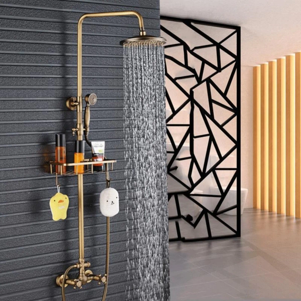 Dual Handle  Antique Brass Bathroom 8 Rainfall Shower Faucet with Storage Holder