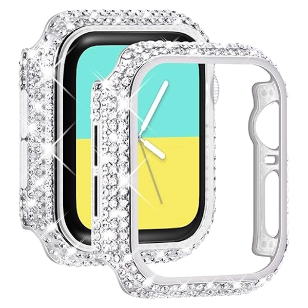 NewWays 2-Pack Full Diamonds Bling Cases for Apple Watch Case 42mm Women, Fully Paved Diamonds Protective Bumper for iWatch Series 3 2 1 42mm, Silver/Clear