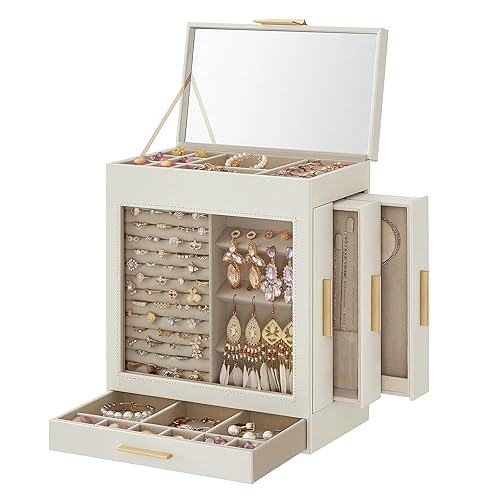 SONGMICS Jewelry Box, 5-Layer Jewelry Organizer, 6.1 x 10.3 x 12.6 Inches, Cloud White and Metallic Gold UJBC162W01 - 6.1"D x 10.3"W x 12.6"H - Cloud White + Metallic Gold