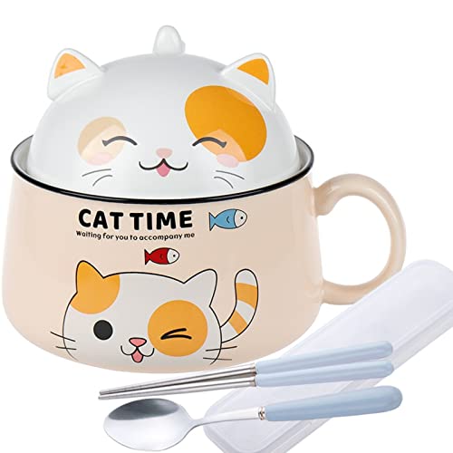 Cute Cat Instant Ramen Noodle Bowl, with lid, 34.5 OZ Ramen Cooker with Chopsticks and Spoon, Ramen Cooker Soup, Salad , Cereal, Pasta, Dessert Bowl with Handle (Yellow) - Yellow