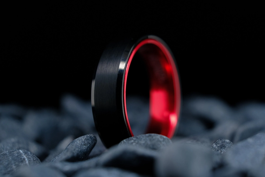 Black Tungsten Ring with Beveled Edge - 6mm High Polished Red Interior - Brushed Wedding Band for Women & Men