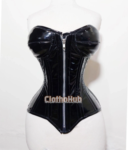 Black PVC Corset Heavy Duty Overbust Cupped Zipper Waist Trainer Steel Boned Lace up Corset Top Dress Cosplay Clubwear Party Dress M17PZ