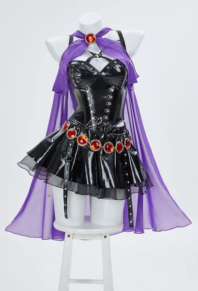 Halloween Raven Derivative Casual Outfit Strap Tank Top and Skirt with Hooded Sheer Cape and Belt Cosplay