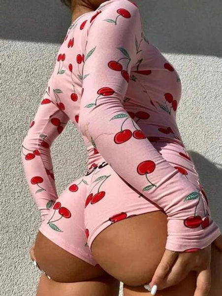 SHEIN SXY Women's Button Up Long Sleeve Cherry Print Ruched Jumpsuit With Charming Sexy Allure