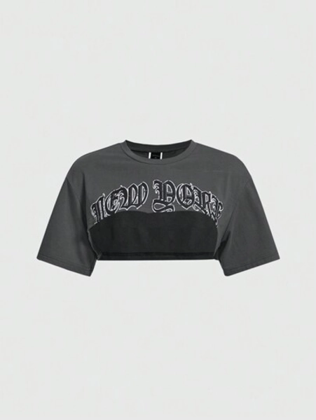 ROMWE PUNK Letter Graphic Super Crop Top, School