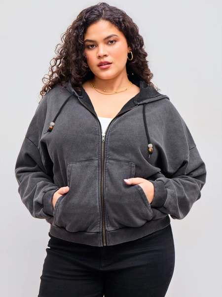 100% Cotton Solid Washed Beaded Drawstring Hoodie Curve & Plus
