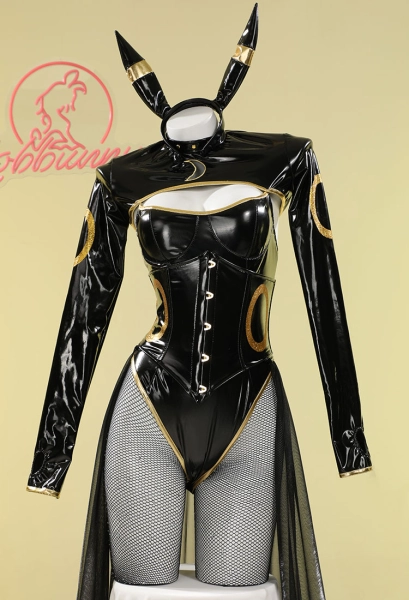 PM Derivative Sexy Lingerie Set Black Bodysuit and Top with Chiffon Skirt Headband Tail