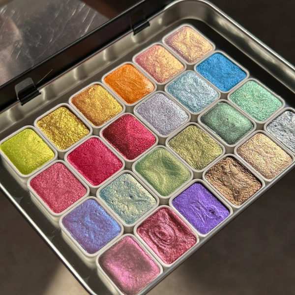 MICA GRAB BOX metallic shimmer handmade watercolor paint mix of 24 pans in tin box from existing collection for artists, perfect for trials