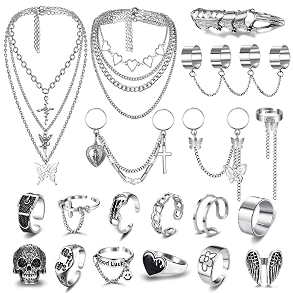 Sanfenly Punk Chain Rings+ Layered Chain Necklace Set for Women Men, Cool Goth Punk Vintage Stackable Open Finger Rings Statement Pendant Choker Necklace Emo Y2K Jewelry