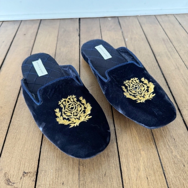 Patricia Green Navy and Gold Crested Diana Velvet Slippers Smoking Shoes Mules 9