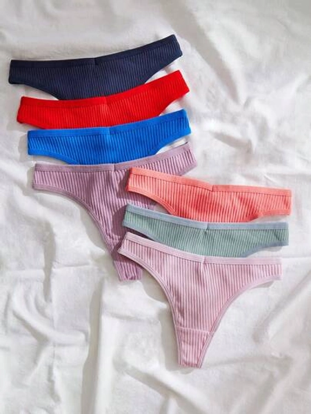 7packs Plain Ribbed Knit Sexy Panties