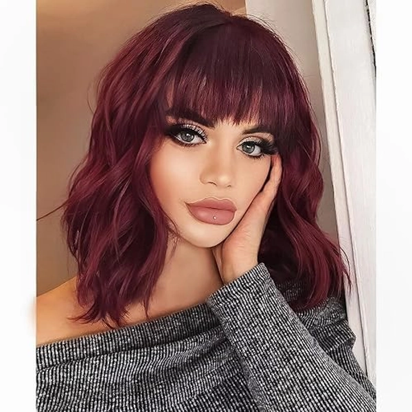 AISI HAIR Curly Bob Wig with Bangs Short Wavy Wine Red Color Wigs for Women Bob Style Synthetic Heat Resistant Bob Wigs