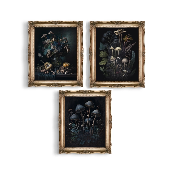 Set of 3 Dark Botanical Art Prints | Dark Cottagecore Decor | Goth Gift | Wall Art | Gallery Wall Art | Dark Moody Art