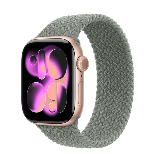 Apple Watch Series 11 GPS, 42mm Rose Gold Aluminium Case with Green Grey Braided Solo Loop