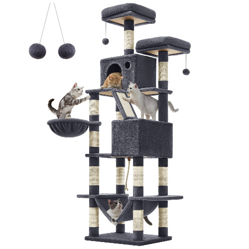 FEANDREA Cat Tree, 81.1-Inch Large Cat Tower with 13 Scratching Posts, 2 Perches, 2 Caves, Basket, Hammock, Pompoms, Multi-Level Plush Cat Condo for Indoor Cats, Smoky Gray - XL (23.6” x 19.7” x 81.1”) Smoky Gray