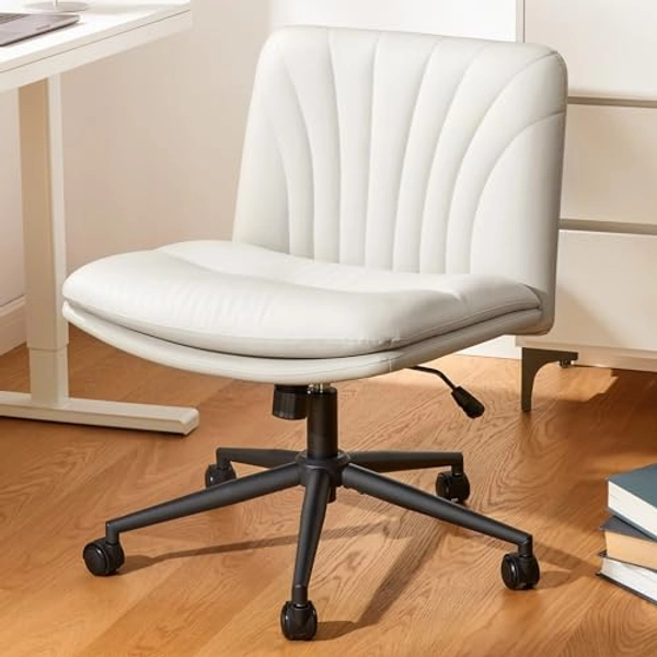 Marsail Armless-Office Desk Chair with Wheels: PU Leather Cross Legged Wide Chair,Comfortable Adjustable Swivel Computer Task Chairs for Home,Office,Make Up,Small Space,Bed Room(Beige)