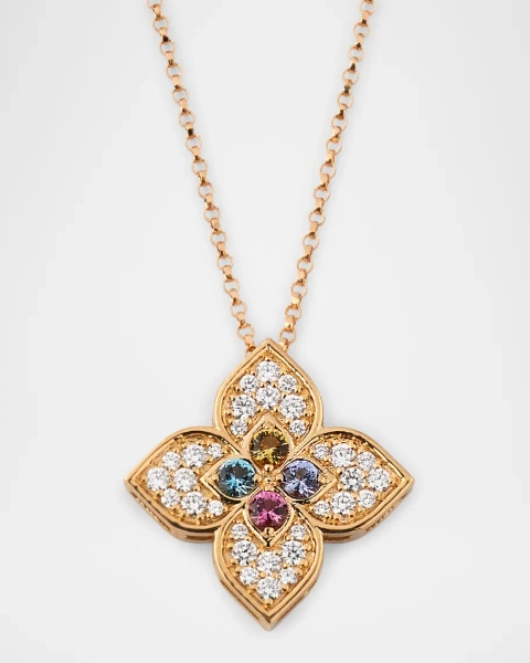 18K Rose Gold Venetian Pendant Necklace with Diamonds, Ruby, Tanzanite, and Topaz, 17"L