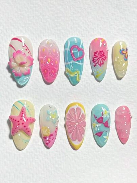10pcs 3D Medium Almond Press On Nails Colorful Gradient Press On Nails Flower Lemon And Rhinestone Fashion Design Full Cover Fake Nails For Women And Girls Daily Wear