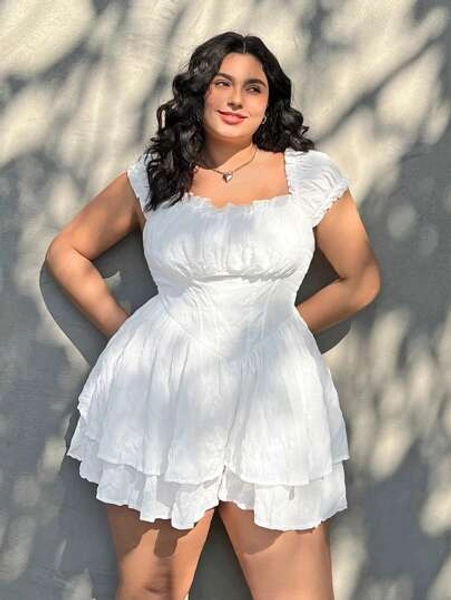 SHEIN EZwear Plus Size Women Double Layer Ruffled Hem Solid Color Jumpsuit For Summer