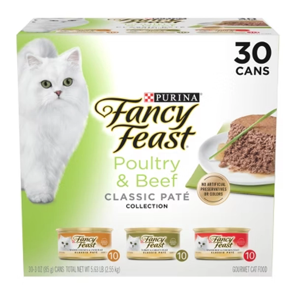Purina Fancy Feast Classic Paté Variety Pack Chicken, Turkey & Beef Flavor Wet Cat Food Cans - 3oz/30ct