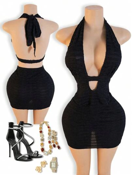 BamGleam 2pcs/Set Women Deep V-Neck Sleeveless Tank Top And Bodycon Mini Skirt Set