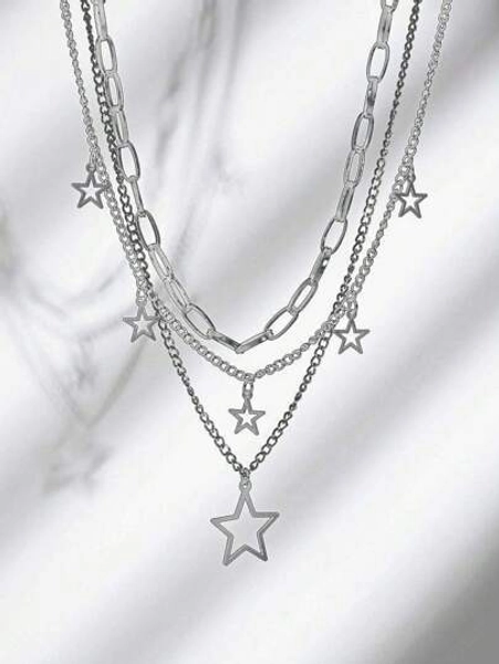 3pcs/Set Silver Star Necklace, Fashion Women Chain Necklace & Charm Necklace Set, Silver-Color Necklace Sets For Ladies