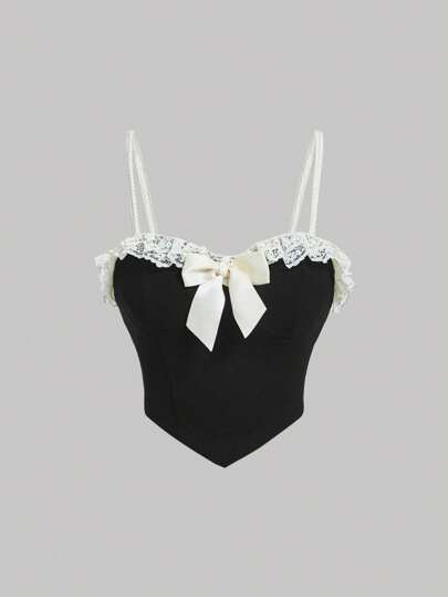 SHEIN MOD Contrast Lace Bow Front Corset Structure Cami Top