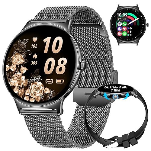 LIGE Damen Smart Watch Bluetooth Anrufe für Android iOS Smartwatch Damen 100+ Sport 1.43" AMOLED Always-on Display Damen Smartwatch Schwarz Gitterband Frauen Smartwatch Herzfrequenz Schlaf Monitor - Schwarz Maschenband