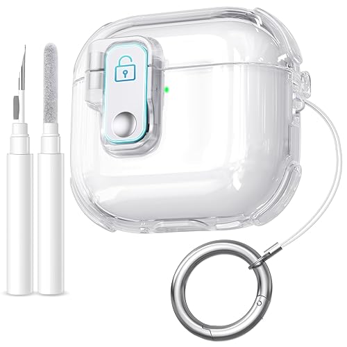 Upeak Hülle Kompatibel mit AirPods 4 Hülle, Klar Transparentes TPU mit Tresorschloss Schutzhülle für Apple Airpods 4 Generation Case 2024, Front-LED Sichtbar, mit Reinigungskit Karabiner, Durchsichtig - Durchsichtig