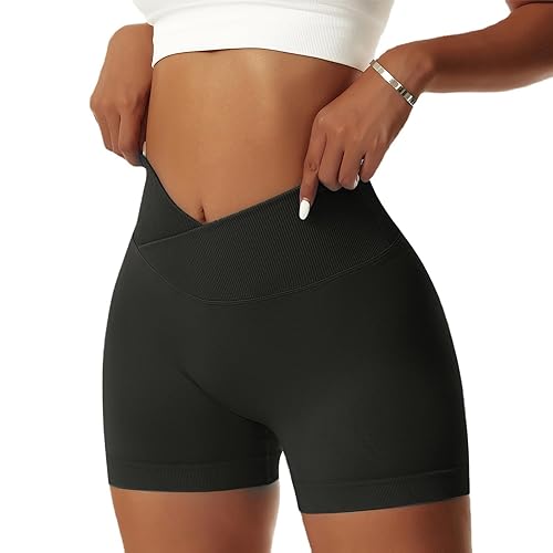 Vertvie Damen Gym Shorts V Cross Stretch Push Up Yoga Shorts Booty Scrunch Fitness Hosen Kurz High Waist Nahtlos Workout Sportshorts Butt Lift Kurze Leggings Sommer - S - Schwarz