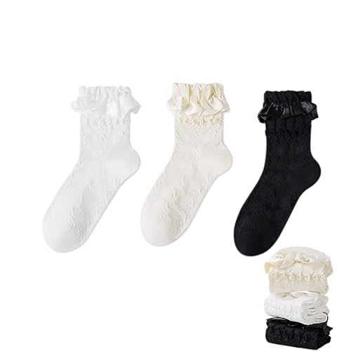 Will Like 2 Paar Damensocken mit Rüschen， socken rüschen ，damen spitzen socken Ballettsocken, Rüschensocken, Baumwollsocken - 10 - Schwarz